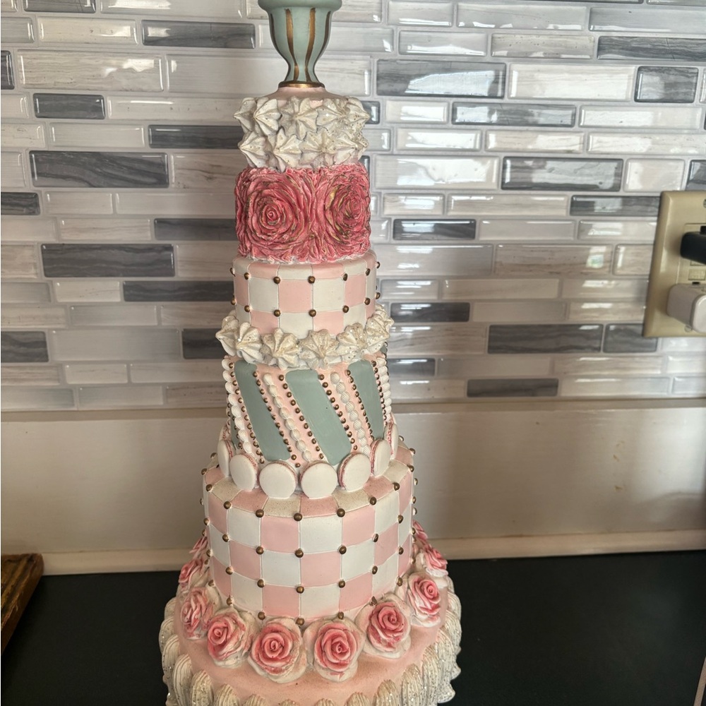 Mackenzie Childs Rose Garden Tier faux pink pastel Cake new in box